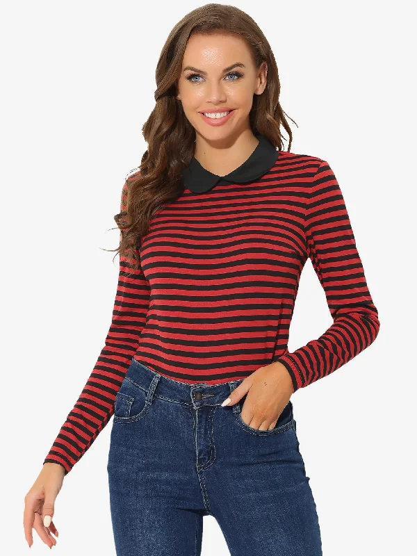 Contrast Collar Long Sleeve Peter Pan Collar Striped Blouse