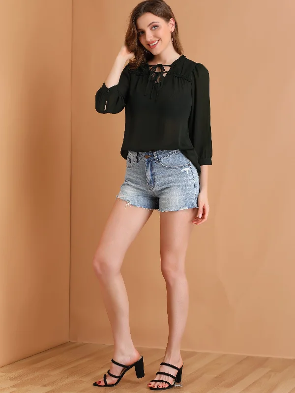 Tie V Neck Frill Trim Puff Sleeve Casual Office Chiffon Blouse Top