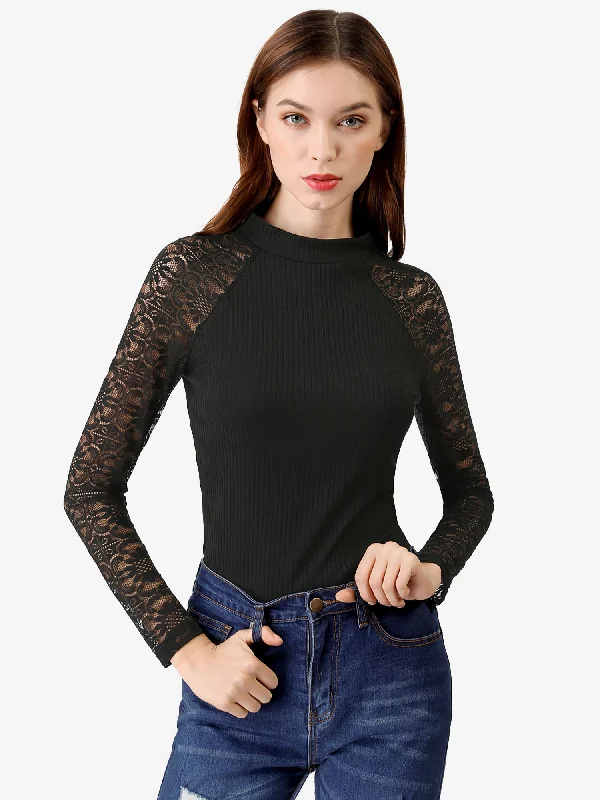 Lace Long Sleeve Fitted T-Shirt Casual Blouse Tops