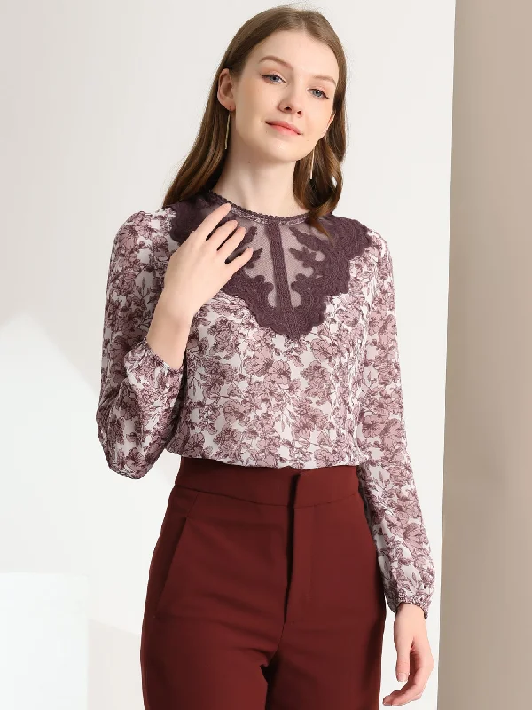 Elegant Lace Panel Tops Long Sleeve Chiffon Floral Blouse