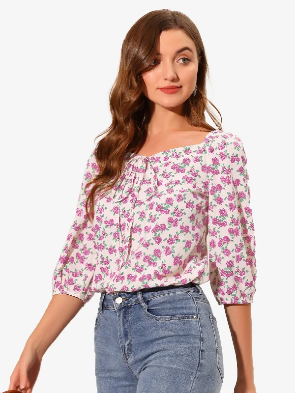 Floral Square Neck Half Sleeve Print Summer Shirt Blouse