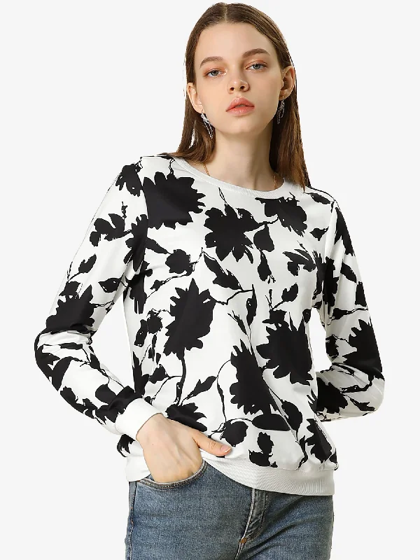 Floral Leaf Print Long Sleeve Casual Pullover Sweatshirt