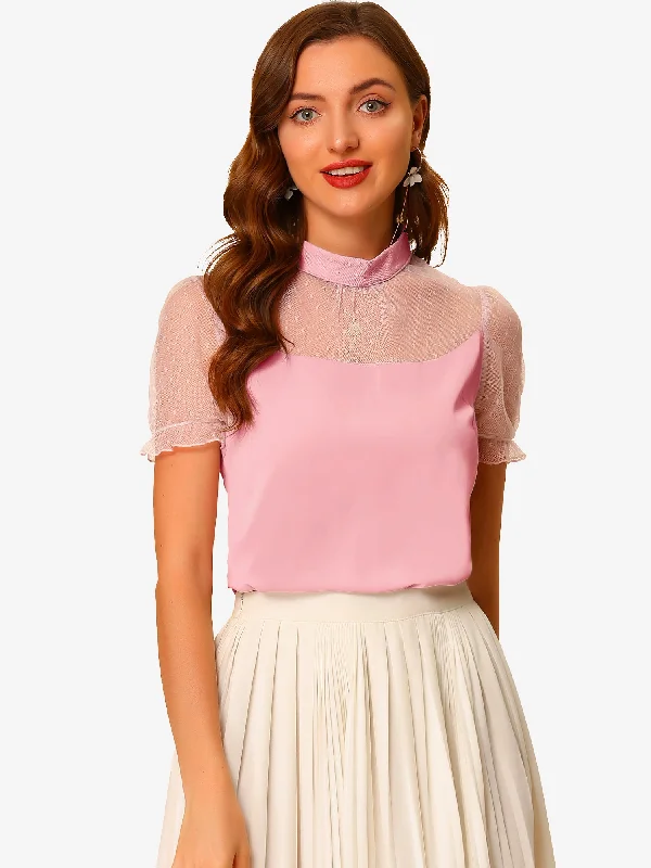 Mock Neck Blouse Puff Elegant Mesh Sleeve Top