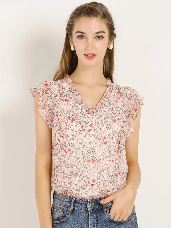 Ruffle Tops Casual V Neck Cap Sleeve Floral Blouse