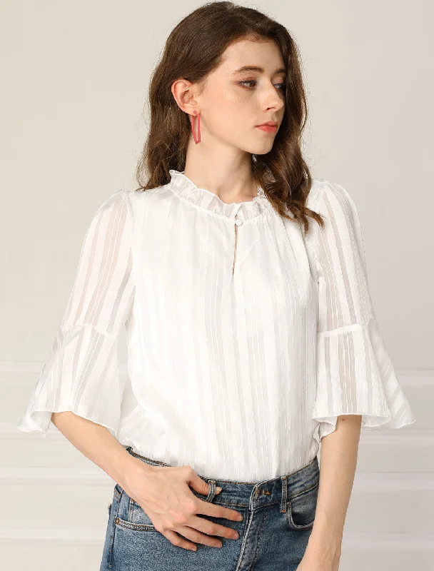 Ruffled Collar Vintage Chiffon Blouse Bell Sleeve Shirt