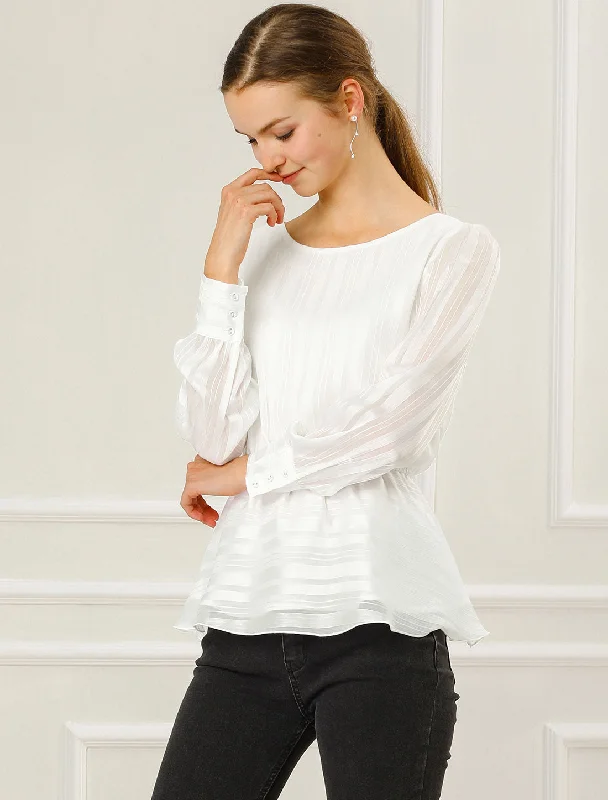 Peplum Tops Satin Long Sleeve Ruffled Boat Neck Blouse