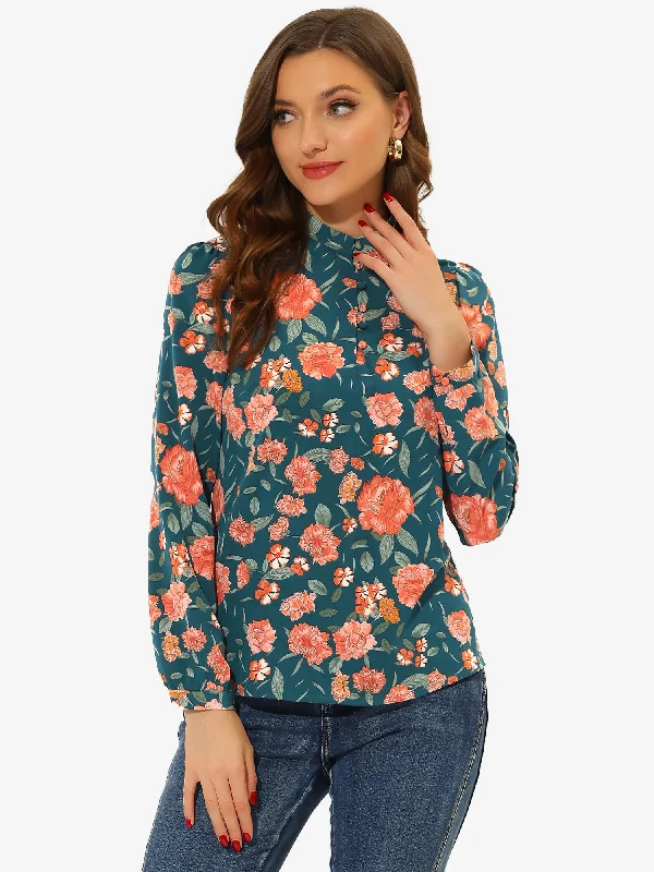 Long Sleeve Tops Vintage Mock Neck Floral Print Blouse