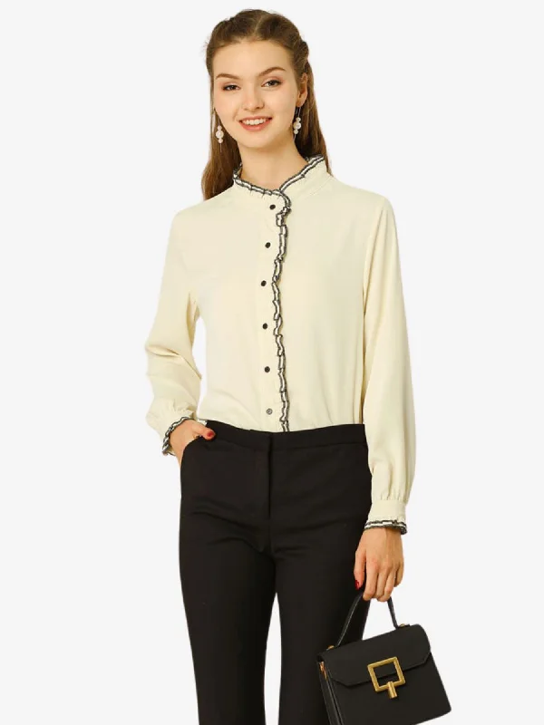 Button Down Shirt Ruffled Stand Collar Chiffon Blouse Top