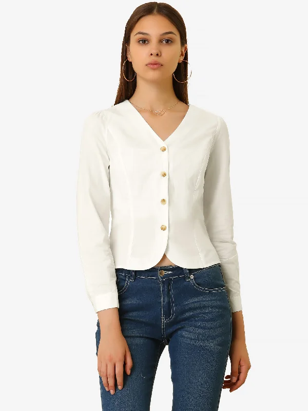 Work Office V Neck Tops Elegant Long Sleeve Button Front Blouse