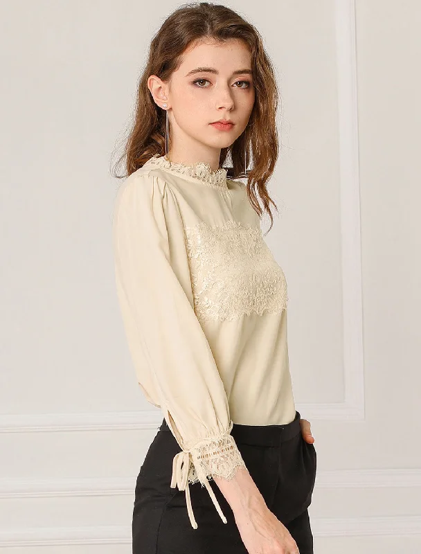 3/4 Sleeve Mock Neck Lace Panel Blouse