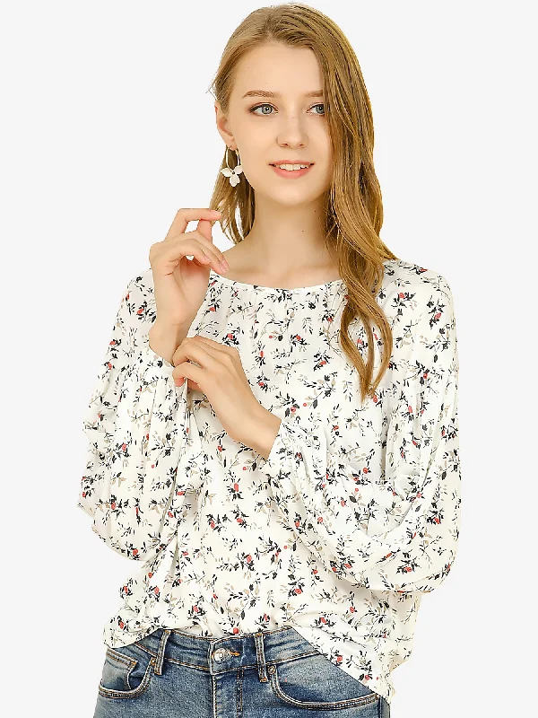 Floral Bishop Long Sleeve Round Neck Casual Blouse Top