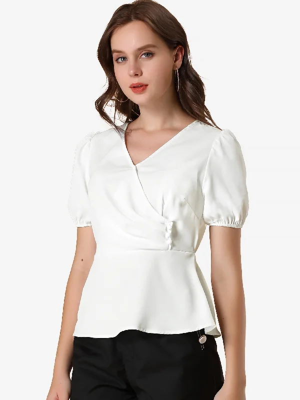 Chiffon Blouse Wrap V Neck Puff Sleeve Work Office Peplum Top