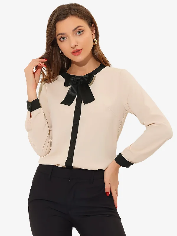 Long Sleeve Bow Neck Contrast Casual Work Button Down Shirt