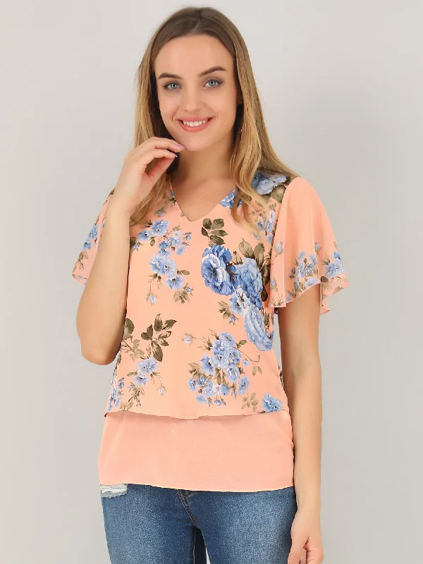 Overlay Layered Poncho Chiffon Floral Blouse Top