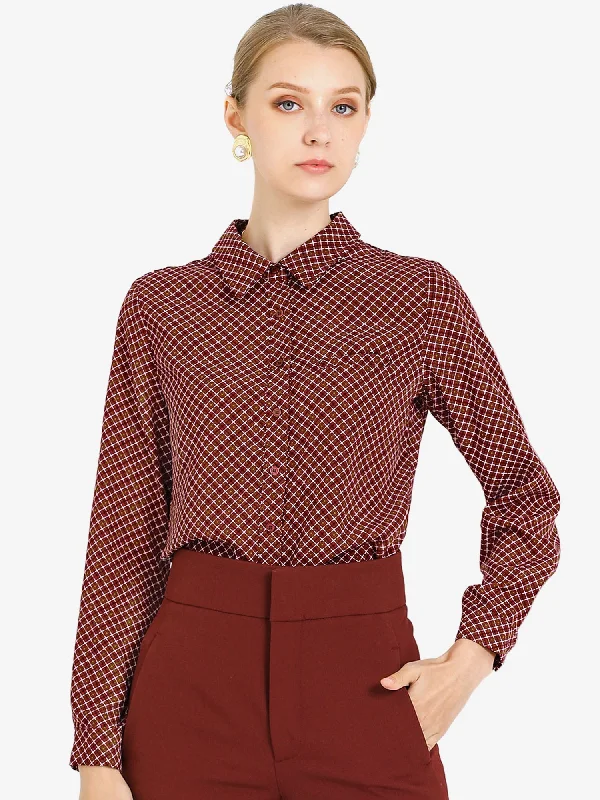 Plaid Button Up Point Collar Long Sleeve Office Work Shirt