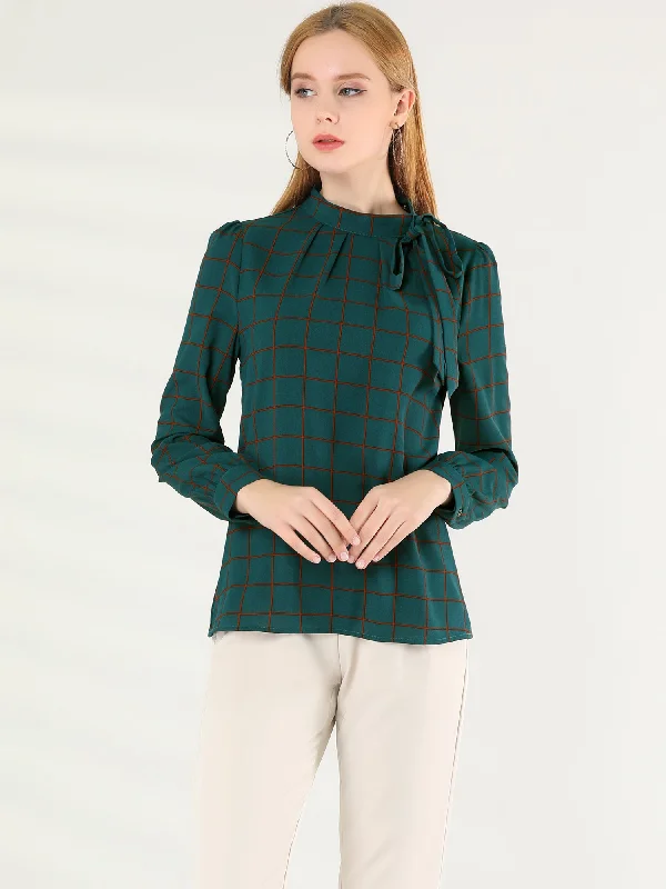 Bow Tie Neck Grid Checks Shirt Office Work Tops Blouse