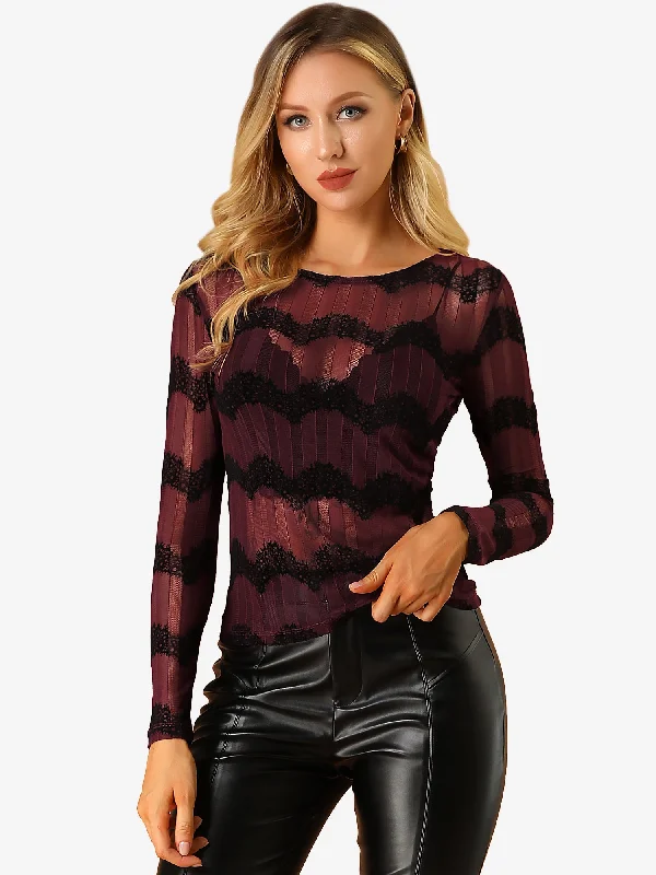 Sheer Lace Top Long Sleeve See Through Tops