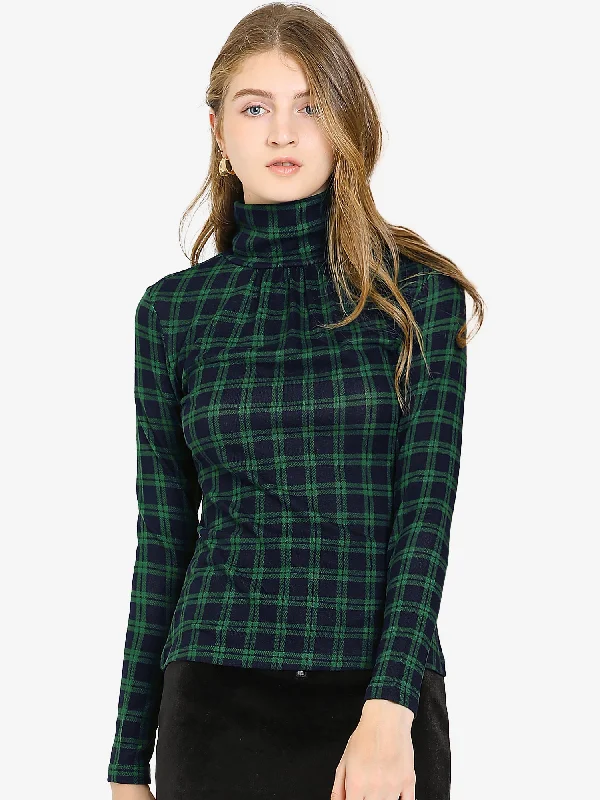 Long Sleeve Turtleneck Stretch Slim Christmas Party Plaid Shirt