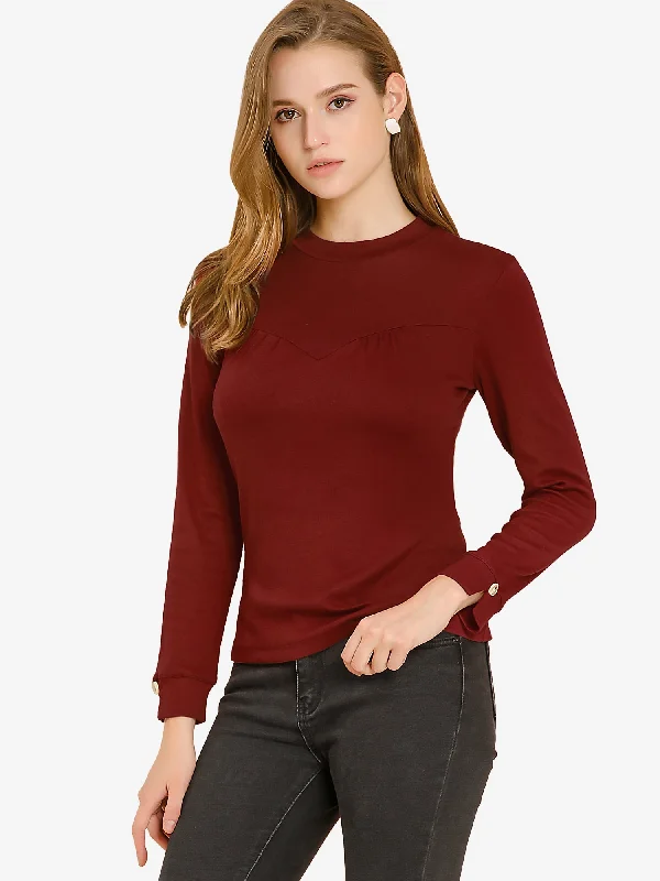 Crewneck Split Sleeve Solid Blouse Knit Cotton Casual T-Shirt