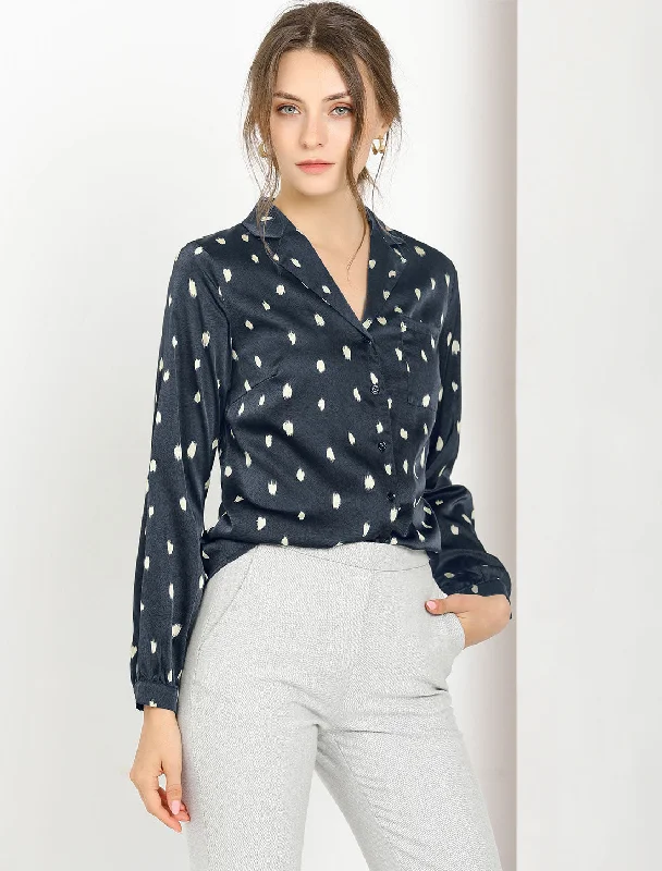 Satin Polka Dot Elegant Camp Collar Long Sleeve Button Up Shirt