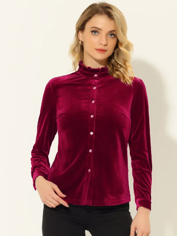 Velvet Top Stand Collar Long Sleeve Button Down Shirt