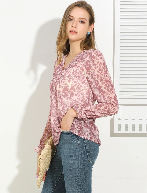 Puff Sleeve Floral Print Ruffled Pintuck Pleat Ruched Blouse Top