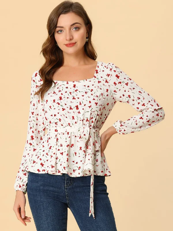 Long Sleeve Square Neck Belted Peplum Floral Top Blouse