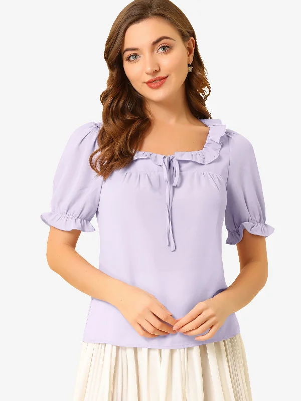 Ruffle Tops Elegant Puff Sleeve Square Neck Blouse