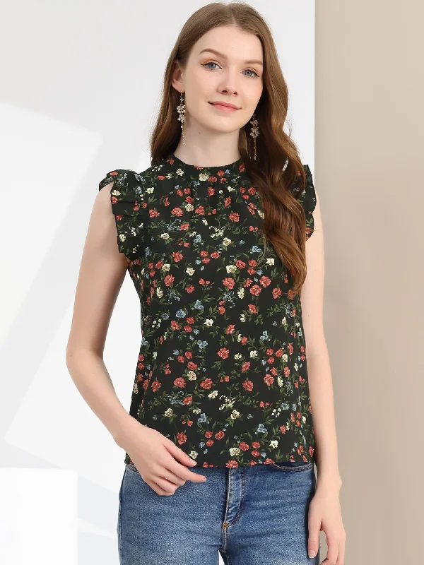 Ruffle Sleeveless Blouse Casual Stand Collar Summer Floral Tank Tops