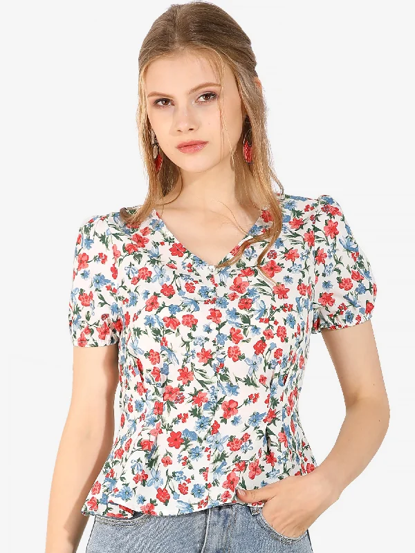 Floral Print Blouse V Neck Ruffle Hem Tops