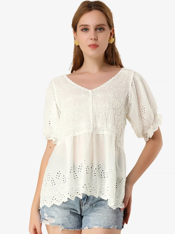 Eyelet Blouse Hollow Out V Neck Puff Sleeve PeplumTop