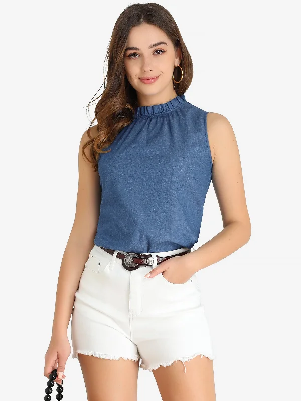 Denim Sleeveless Top Frill Mock Neck Ruffle Chambray Blouse