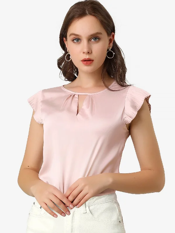 Satin Work Office Top Cut Out Keyhole Back Pleated Cap Sleeve Blouse