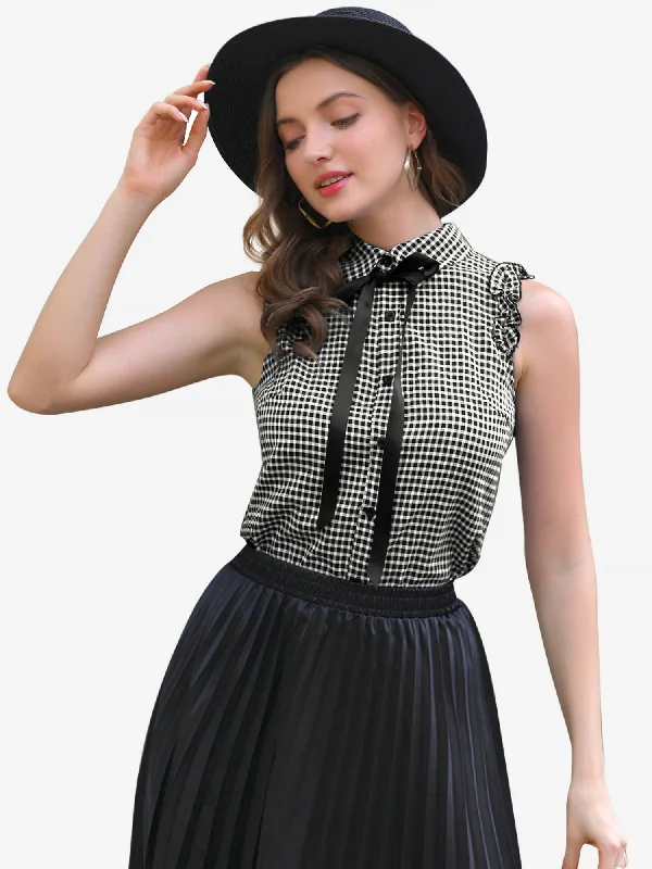 Bow Tie Neck Blouse Vintage Ruffle Sleeveless Gingham Plaid Shirt