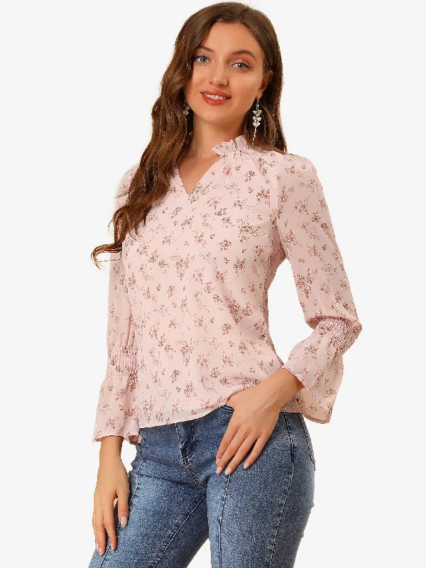 Chiffon Smocked Sleeve Ruffle V Neck Floral Blouse Top