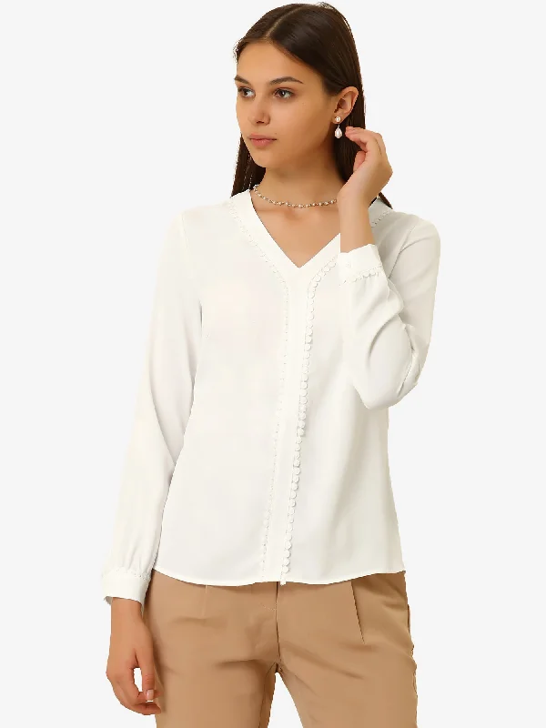 Long Sleeve Casual Lace Trim Career V Neck Blouse