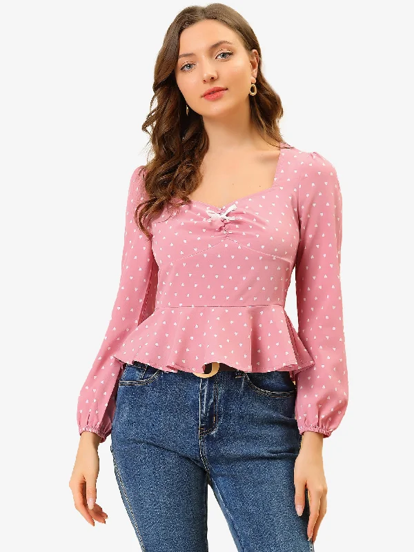 Cute Heart Print Sweetheart Neck Long Sleeve Peplum Top