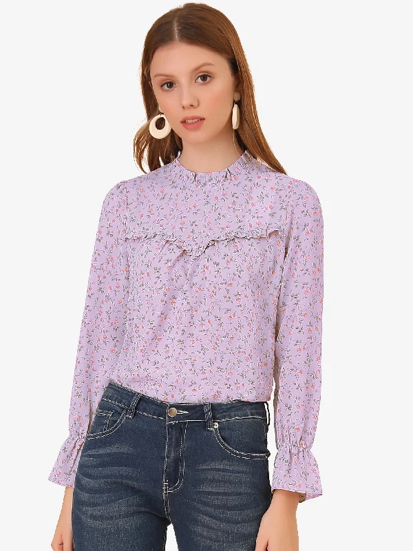 Floral Printed Ruffle Neck Long Sleeve Keyhole Back Chiffon Blouse