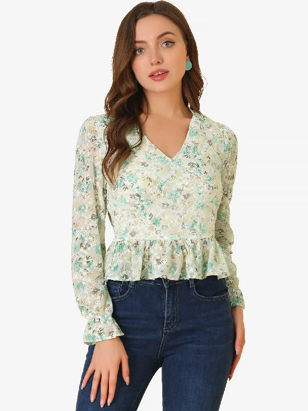 V Neck Ditsy Floral Ruffle Long Sleeve Peplum Top