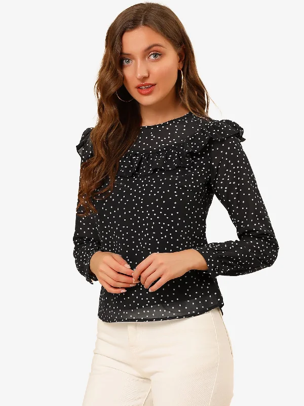 Polka Dots Chiffon Top Elegant Crew Neck Ruffle Blouse