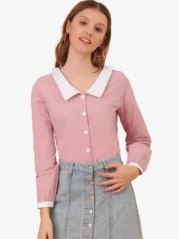 Long Sleeve Buttons Contrast Peter Pan Collar Shirt