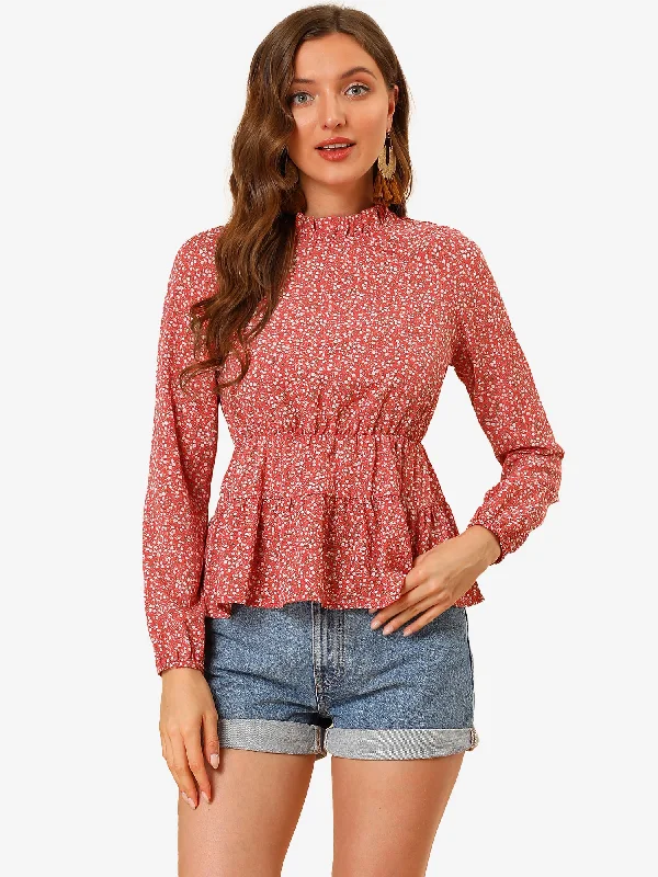 Ruffled Peplum Blouse Top Stand Collar Long Sleeve Floral Shirt