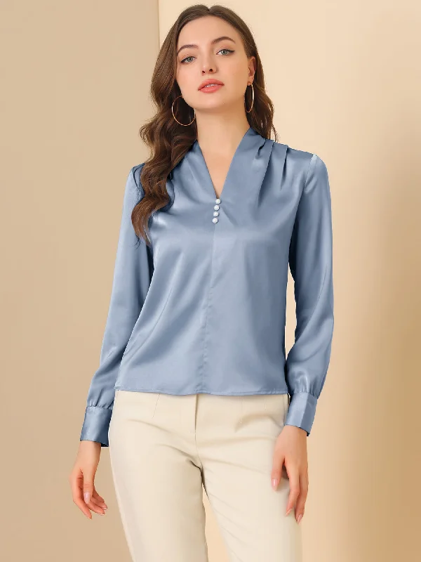 V Neck Decor Beaded Long Sleeve Office Pleated Satin Blouse Top