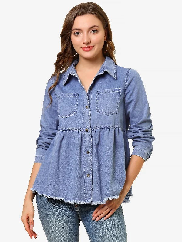 Long Sleeve Peplum Button Down Denim Shirt