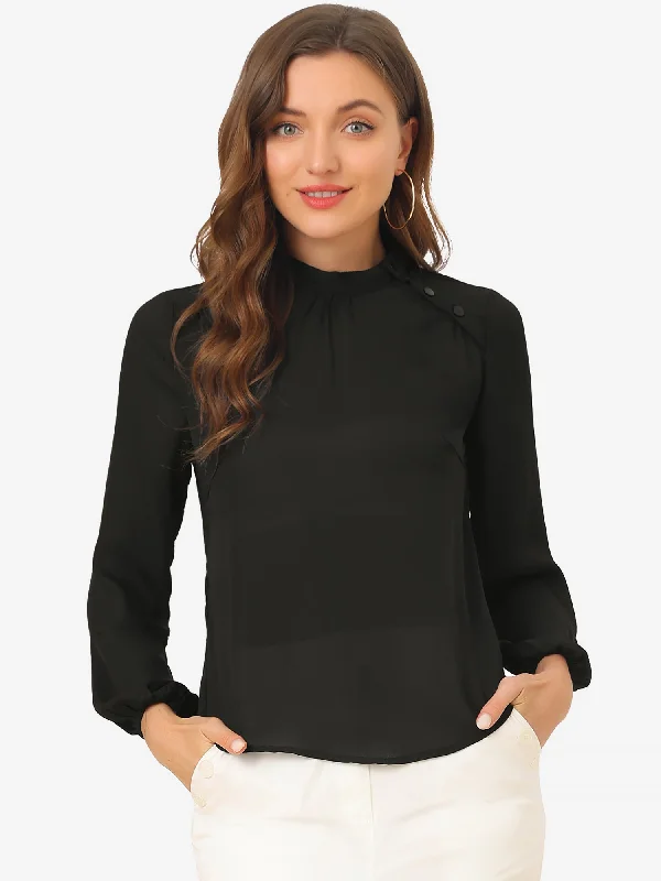 Semi-Sheer Top Elegant Stand Collar Chiffon Work Blouse