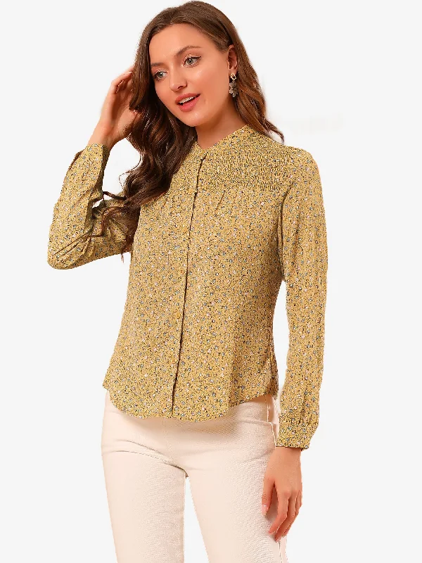 Ditsy Floral Mock Neck Long Sleeve Smocked Chiffon Peasant Blouse