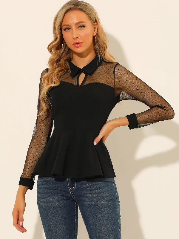 Mesh Sheer Long Sleeve Blouse Turn Down Collar Keyhole Peplum Top