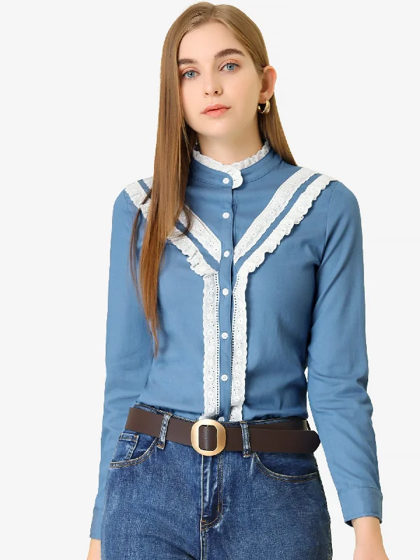 Long Sleeve Ruffled Lace Trim Stand Collar Button Down Chambray Shirt