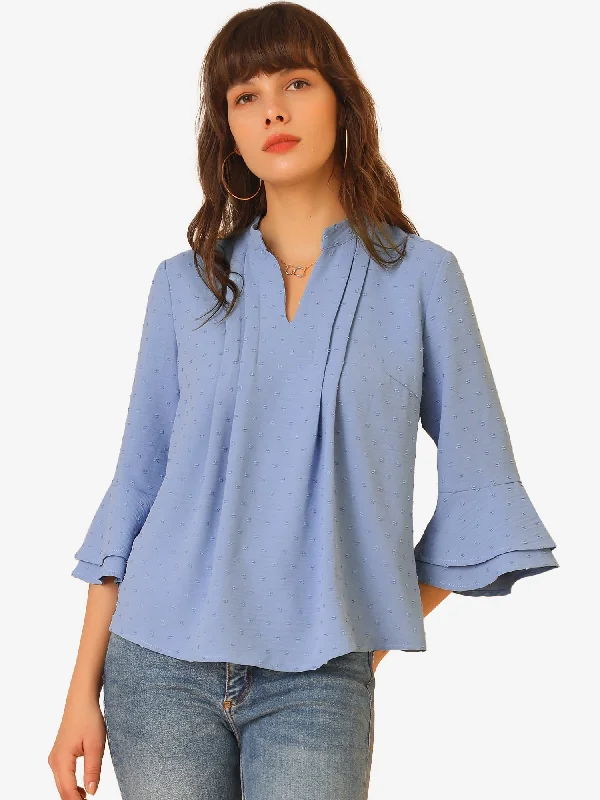 V Neck Pleated Front Blouse Casual Swiss Dots 3/4 Bell Sleeve Top