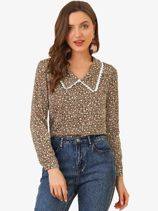 Casual Long Sleeve Career Vintage V Neck Floral Tops Blouse Shirt